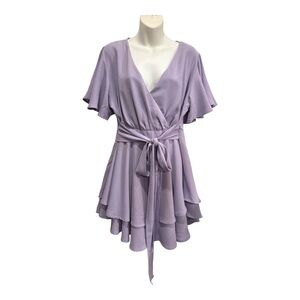 Lavender Deep V-Neck Waist Tie Ruffle Mini Swing Skater Dress size large